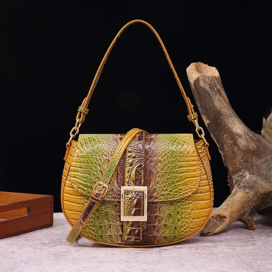 Women's Medium Pu Leather Crocodile Elegant Vintage Style Oval Buckle Crossbody Bag