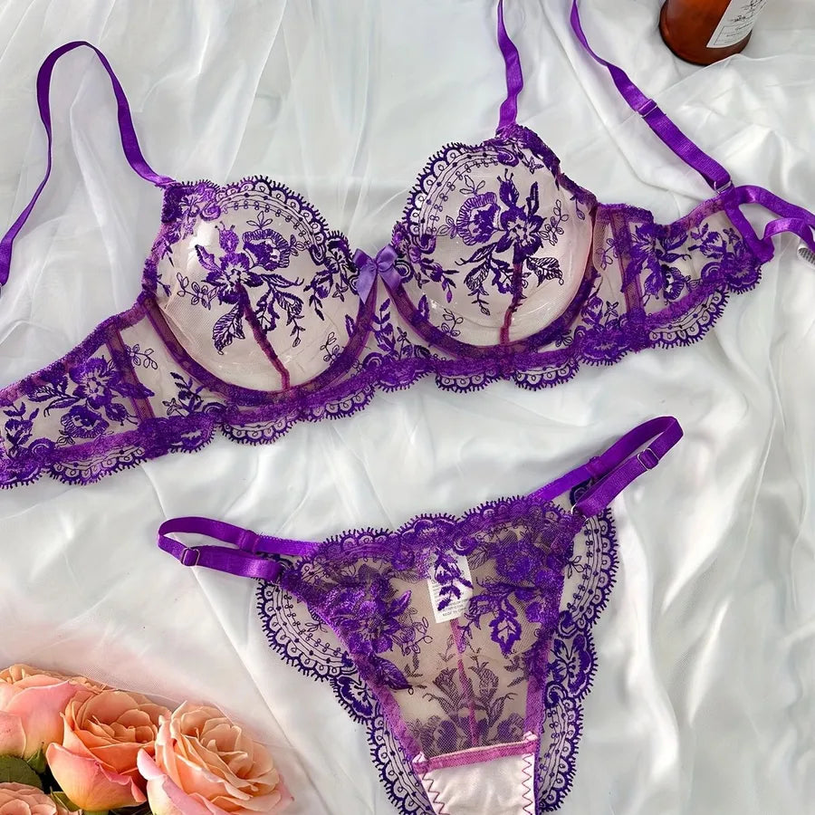 Women's Sexy Flower Sexy Lingerie Sets Home Honeymoon Sheer Bra Low Waist See-Through Sexy Lingerie
