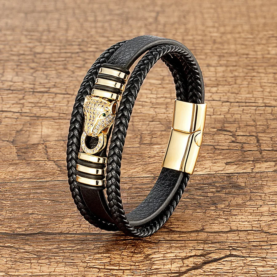 luxurious punk animal leather rope metal handmade inlay rhinestones men's bracelets