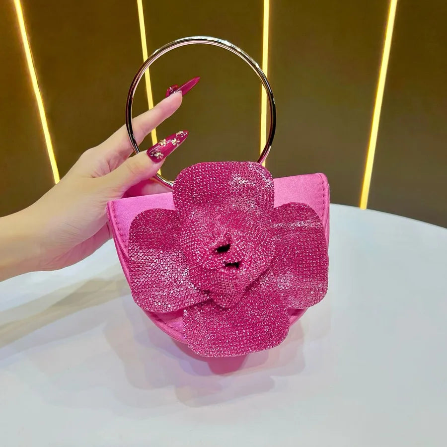 New Fashionable Tea Rose Shiny Handbag Women's Evening Bag Round Handle Shoulder Crossbody Bag For Banquet And Dinner