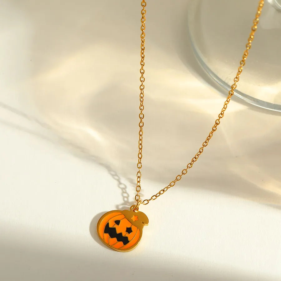 Gold Plated Stainless Steel Halloween Series Drop Oil Pumpkin Face Pendant Necklace Funny Skeleton Head Spider Design Jewelry