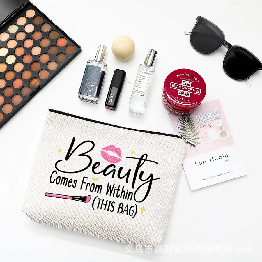 new modern simple style letter printing cotton and linen waterproof cosmetic bag   zipper storage bag