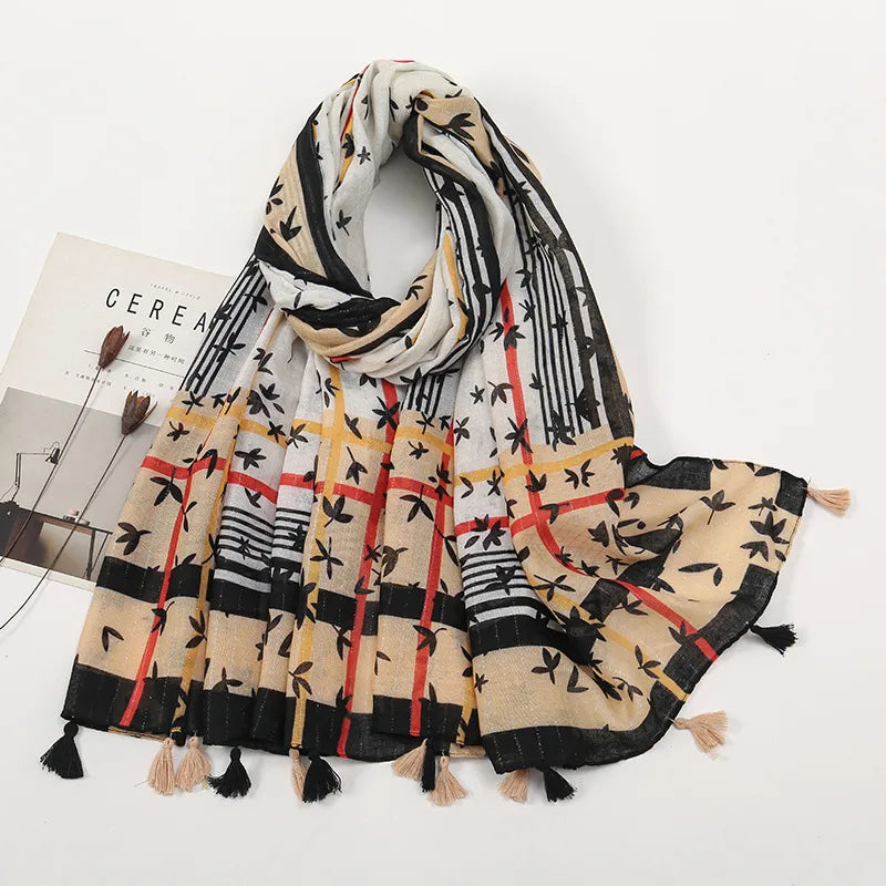 women's retro color block polyester printing scarf