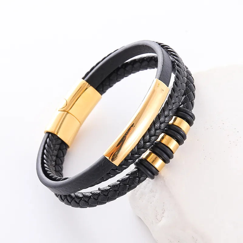 Hip-Hop Double Ring Leather Plating Men's Bracelets