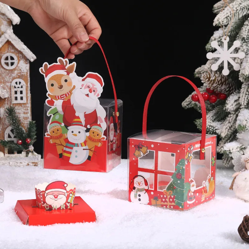 Transparent Square Christmas Baking Packaging Box Paper Cup Cake Box Cartoon Apple Box Children Gift Box Baking Supplies