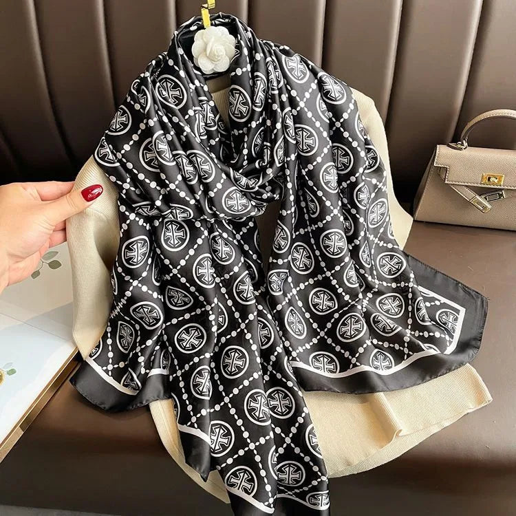 women's fashion letter plaid satin printing silk scarves