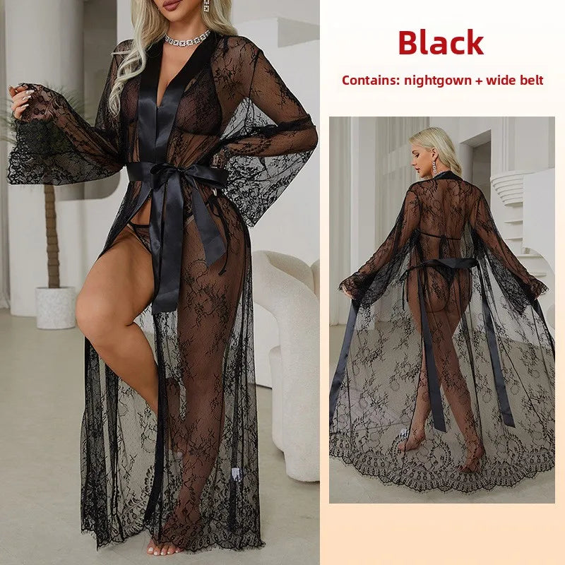Sexy Lace Trim See Through Robe Women's Outerwear Nightgown Home Clothes V Neck Summer Spring Autumn Casual Breathable Polyester