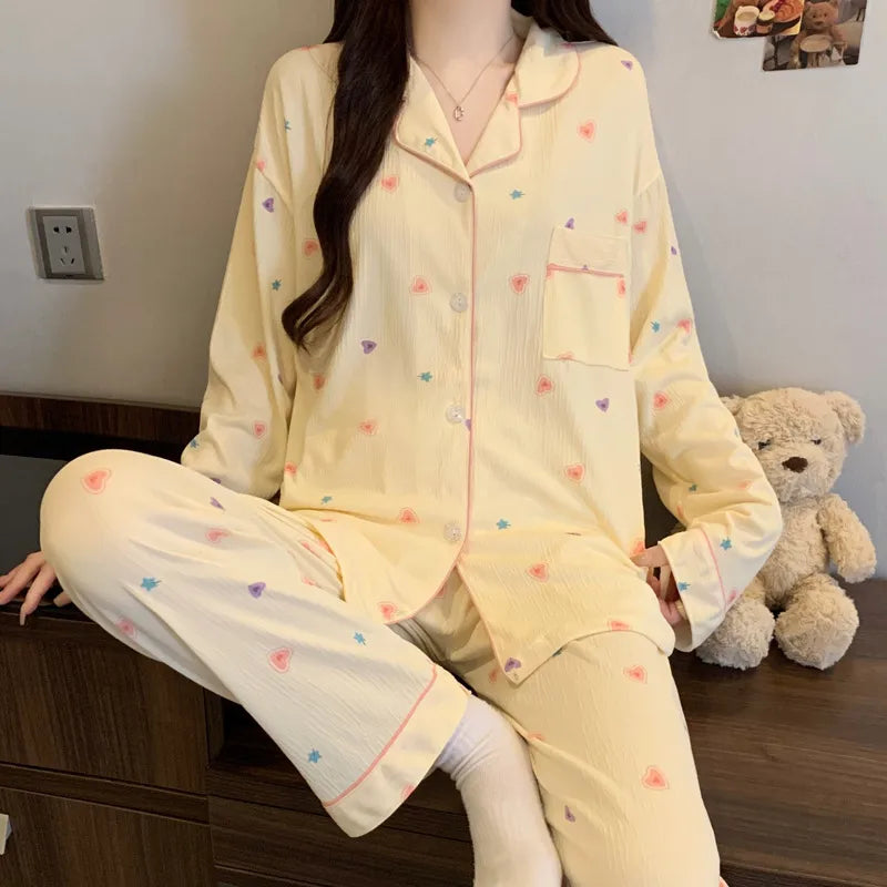 Spring Edition Pleated Fabric Sleepwear Long Sleeve Home Clothes Set For Women Sweet Cute Style Casual Breathable Polyester Milk Silk