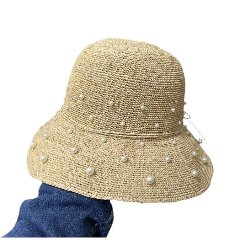 Handmade Laffey Grass Fishing Hat Women Summer Sun Protection Beach Hat Pearl Rhinestone Pot Hat Coastal Sand Beach Cap