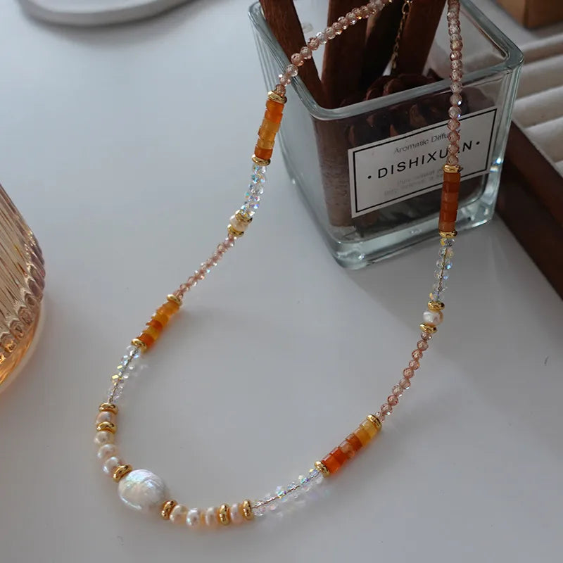 Retro Japanese Style Geometric natural stone Freshwater Pearl Agate Pendant Necklace In Bulk