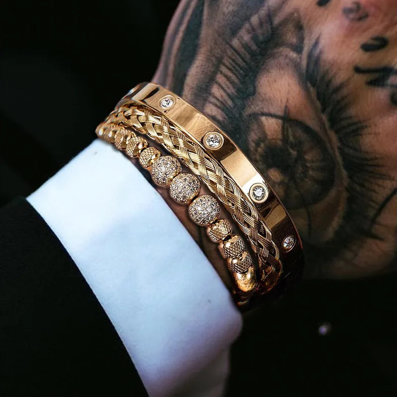hot sale 3 Diamond Ball ten diamond bracelet set stainless steel mesh bracelet wholesale luxury men's accessories