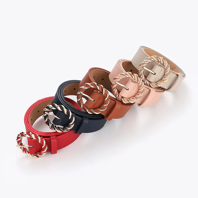 retro round solid color pu leather alloy women's leather belts