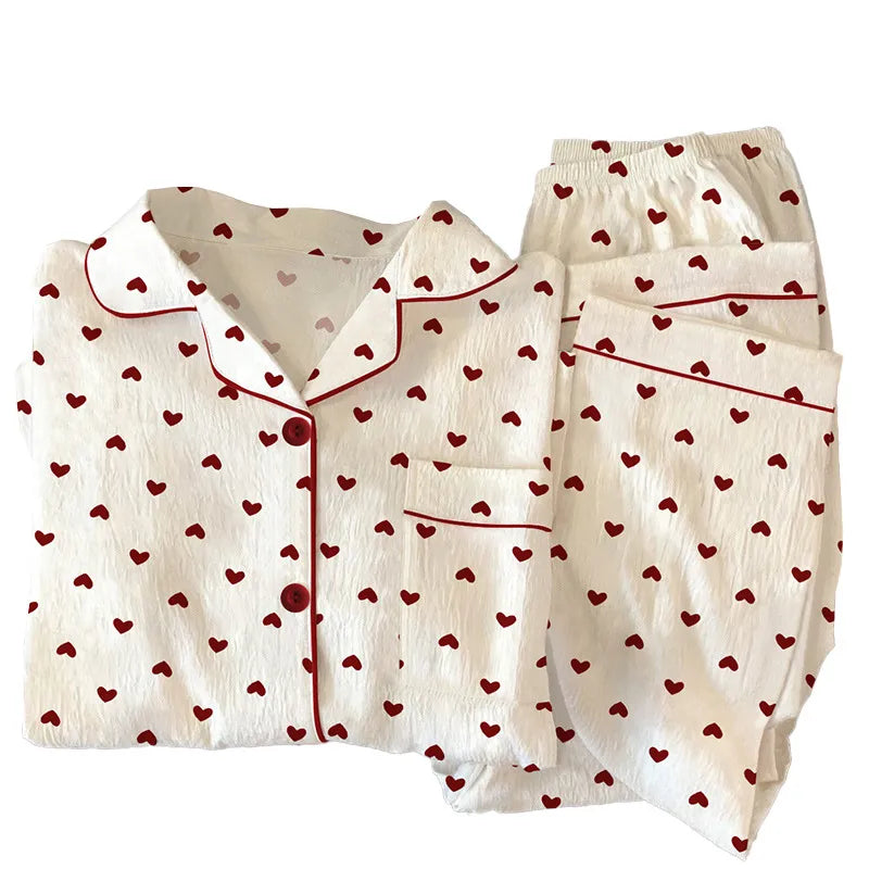 Sweet Girl Heart Print Open Cardigan Sleepwear Long Sleeve Crepe Home Clothes Set Spring New Style Casual Breathable Polyester