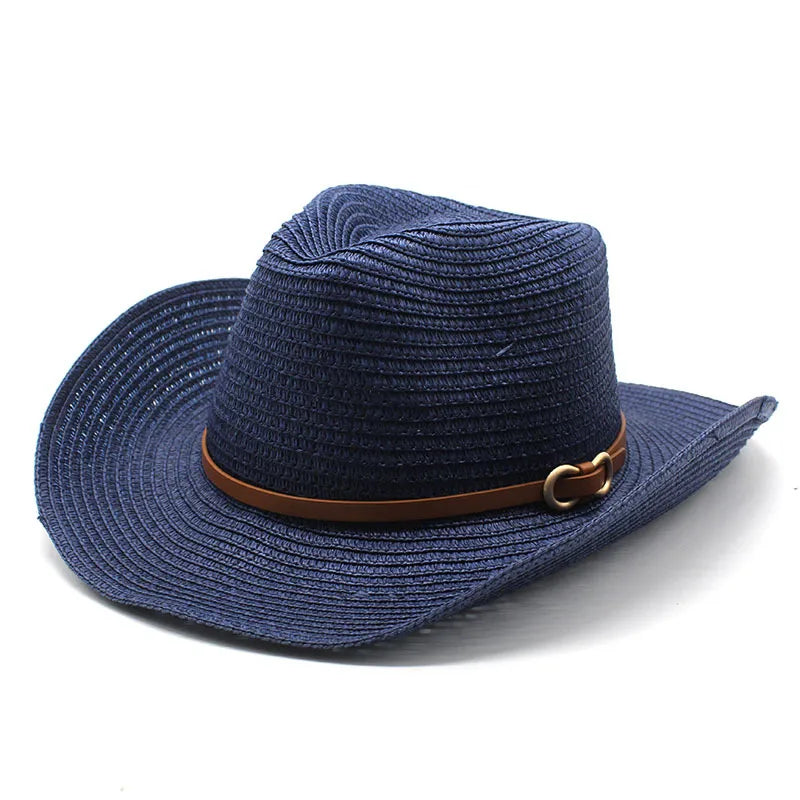 women's cowboy style solid color flat eaves straw hat