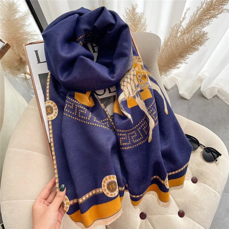 women's retro color block imitation cashmere printing scarf