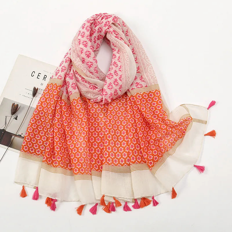 women's retro color block polyester printing scarf
