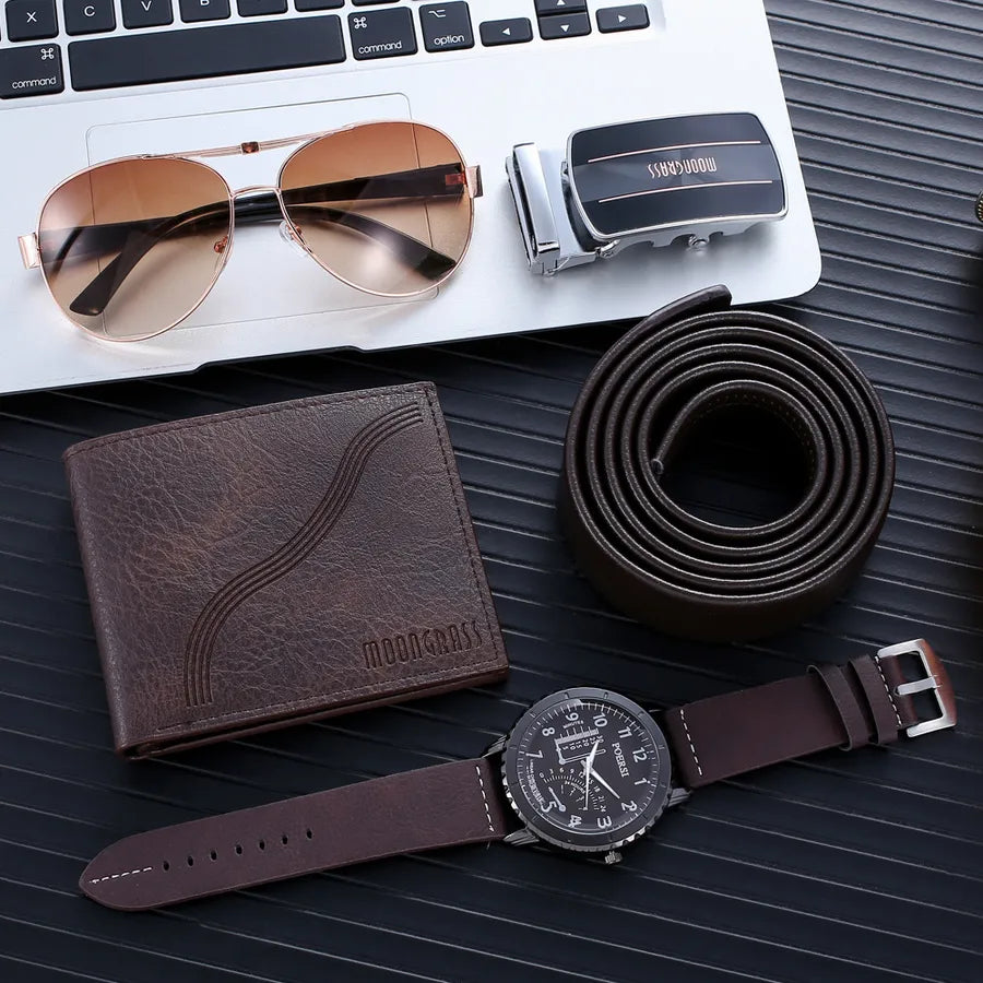 Solid Color Buckle Quartz Men's Watches Gift Set