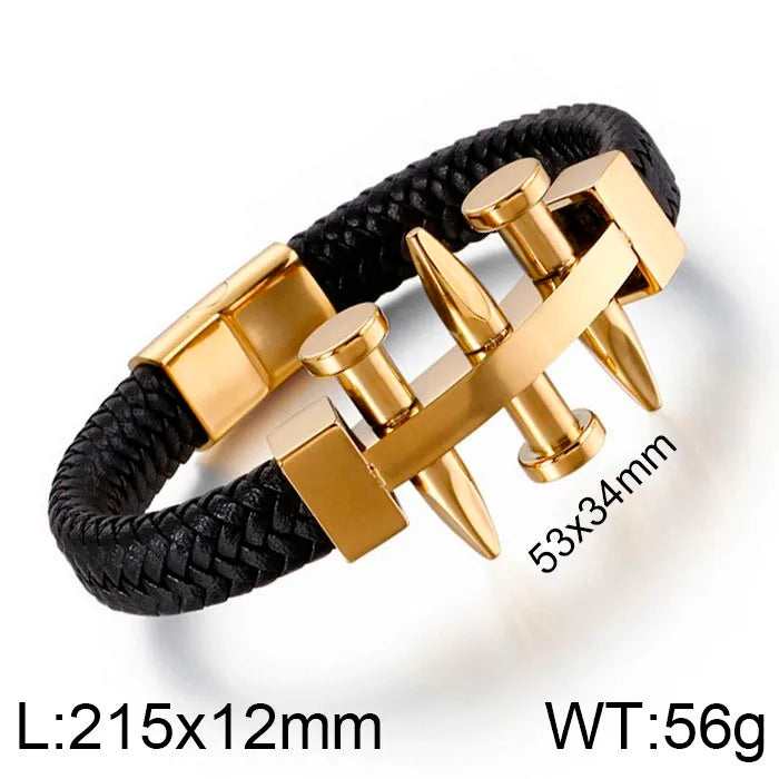 Hip-Hop Retro Color Block Pu Leather Titanium Steel Plating 18K Gold Plated Men's Bangle