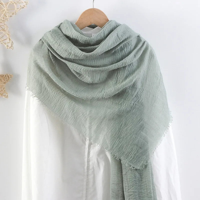 Hot selling solid color pleated cotton and linen scarf  women's bag headscarf crumpled hair fringe bubble scarf women's scarf cover head