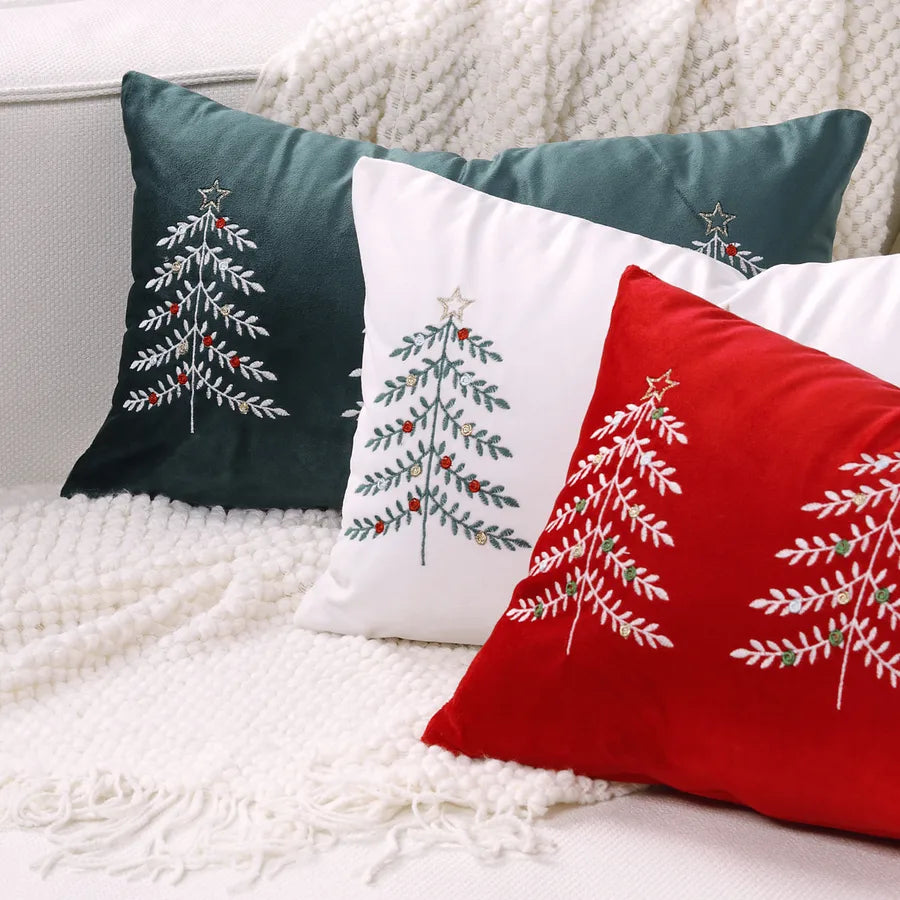 Christmas Tree Embroidery Pillowcase Festival Decoration Living Room Decorative Cushion Cover Simple Style Polyester Material