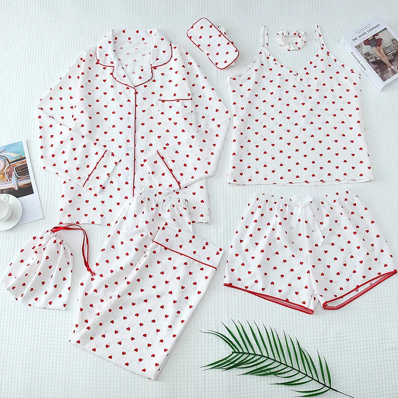 Home Women's Casual Cute Stripe Heart Shape Polyester Pajama Sets