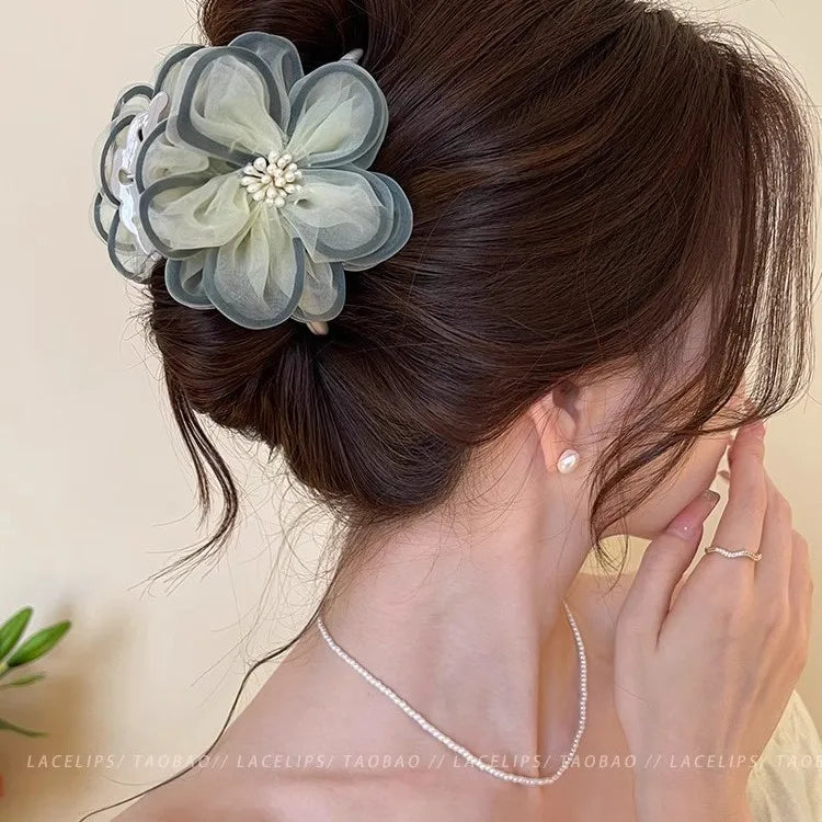 Summer High-End Tea Flower Hair Clip Women's Shark Bite Headwear Forest System Mesh Hair Accessories Vacation Style Hairpin