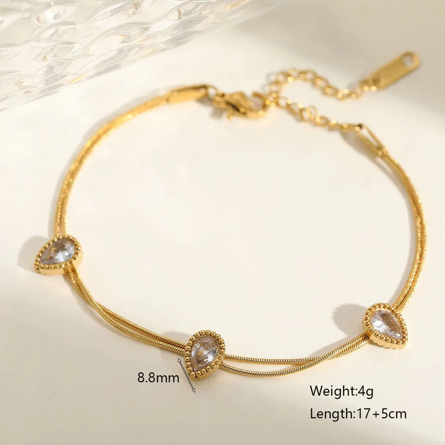 Cute Basic Lady Oval Solid Color 304 Stainless Steel 18K Gold Plated Zircon snake chain Double-Layer Bracelet Multi Charms Bracelet In Bulk