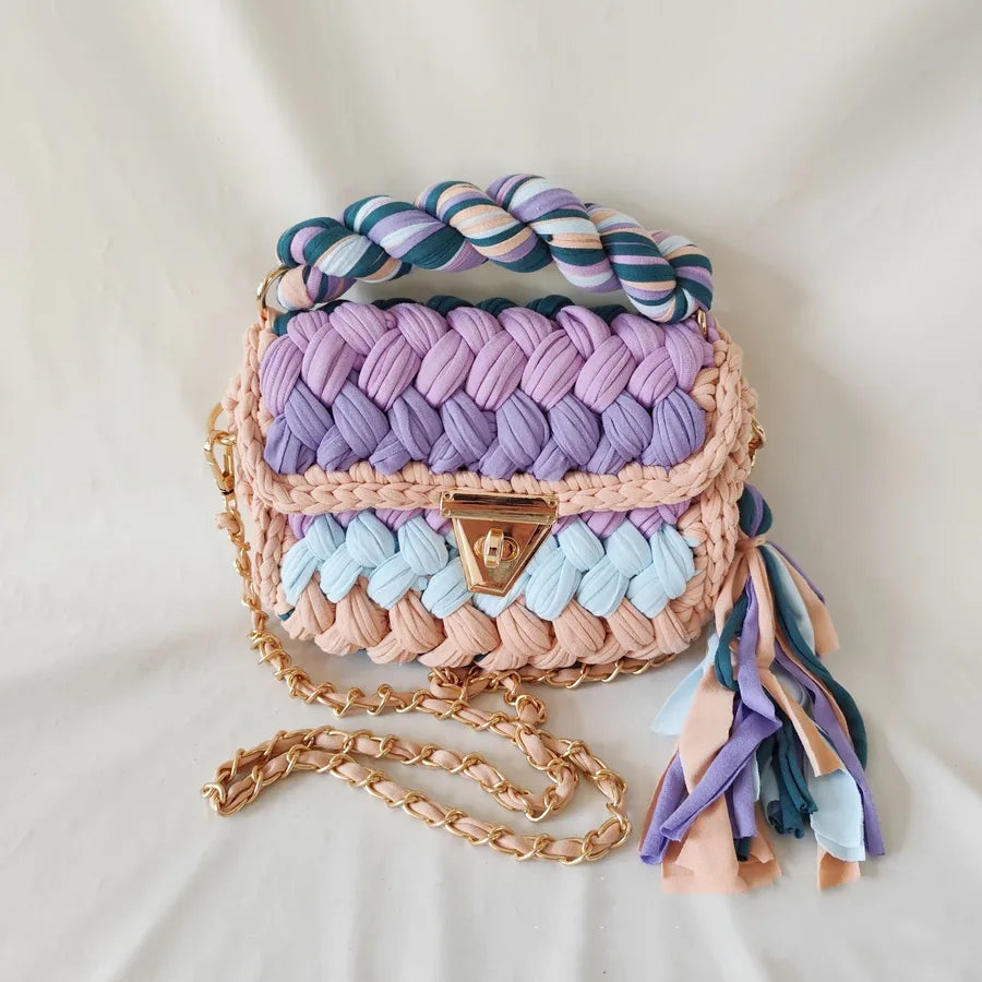 New Handmade Woven Color Contrast Patchwork Color Chain Tassel Handbag Messenger Bag