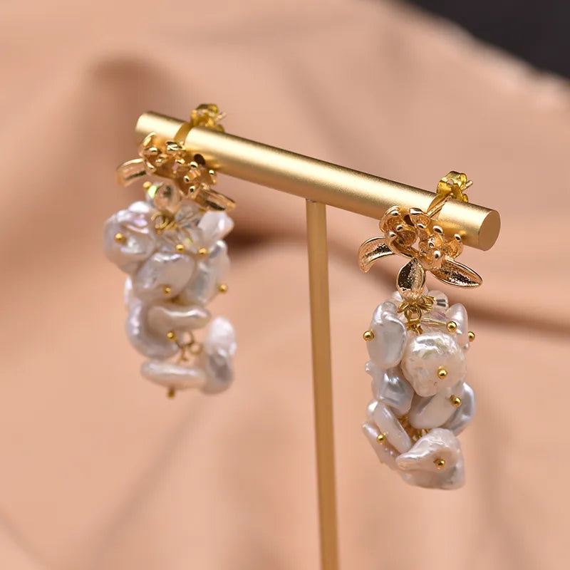 1 Pair Simple Style Classic Style Flower Plating Inlay Copper Freshwater Pearl Drop Earrings