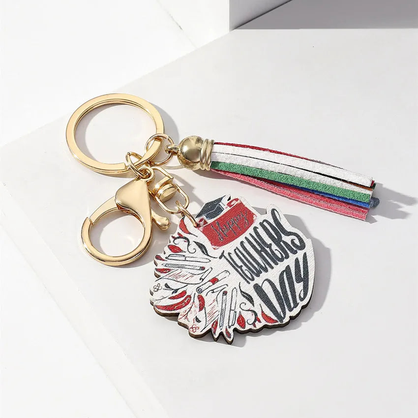 Modern Style Letter Rainbow Tassel Wood Teachers' Day Unisex Keychain