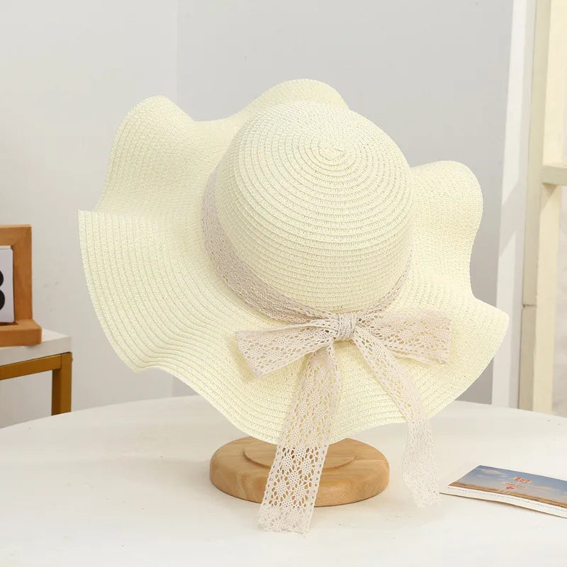 Summer Butterfly Knot Sash Straw Hat Beach Outing Sunscreen UV Protection Sun Hat Simple Design Other Print Adult Cap