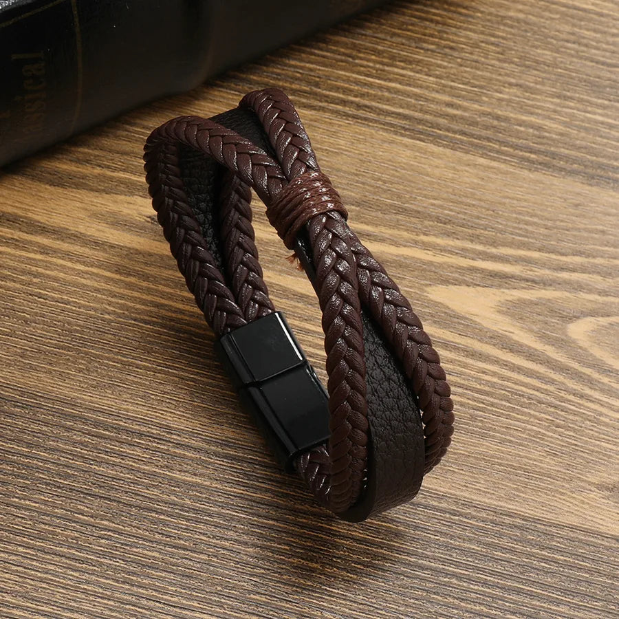 Punk Solid Color Pu Leather Braid Men's Bangle Men Cord & Leather Bracelets