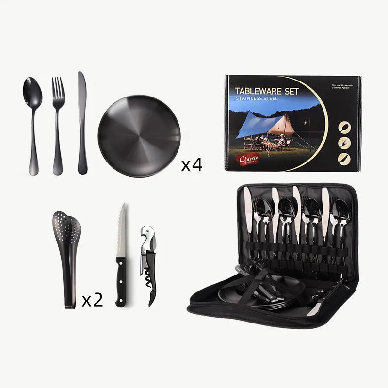Outdoor travel stainless steel tableware camping picnic barbecue plate clip steak knife, fork and spoon suit portable storage bag