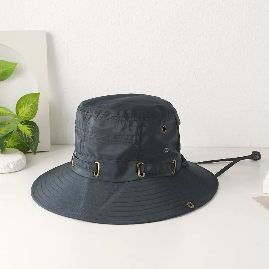 Women's Casual Japanese Style Solid Color Iron button Wide Eaves Bucket Hat