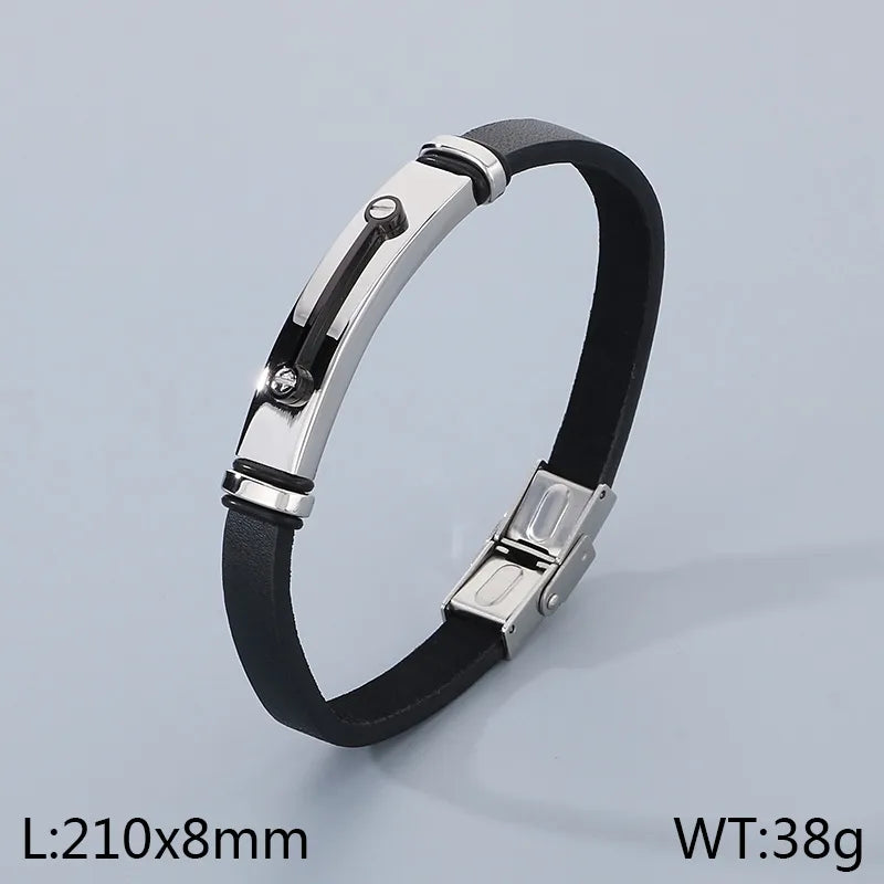 Business Color Block 304 Stainless Steel Leather Plating 18K Gold Plated Men's Bangle