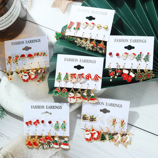 6 Pairs Christmas Ethnic Style Cartoon Character Christmas Tree Enamel Alloy Earrings