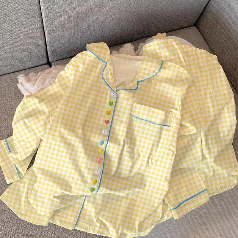 Sweet Heart Plaid Long Sleeve Sleepwear Set Women's Home Clothes Spring Autumn Season Polyester Milk Silk Thin Breathable Casual