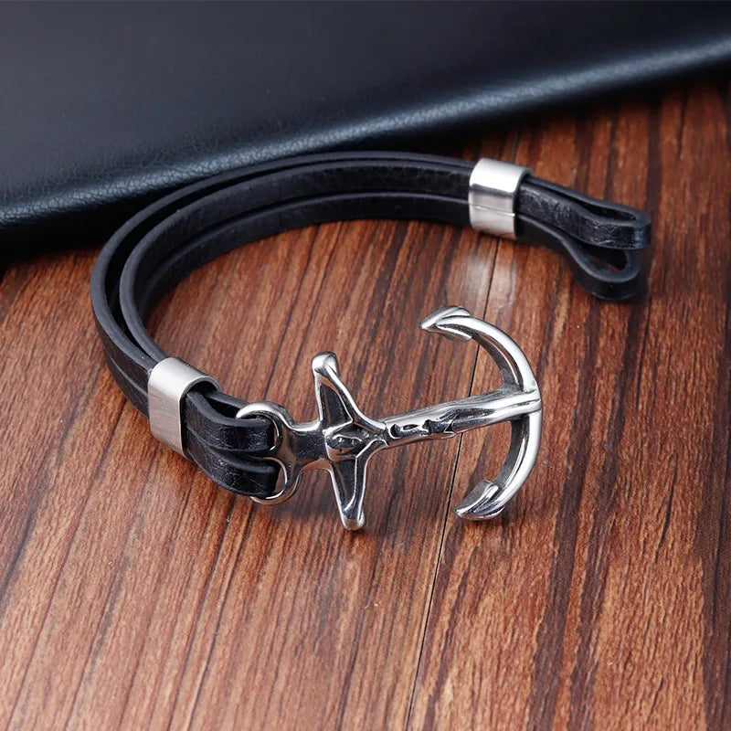 Hip-Hop Vintage Style Anchor Pu Leather Titanium Steel Woven Chain Wrap Bracelets Wholesale