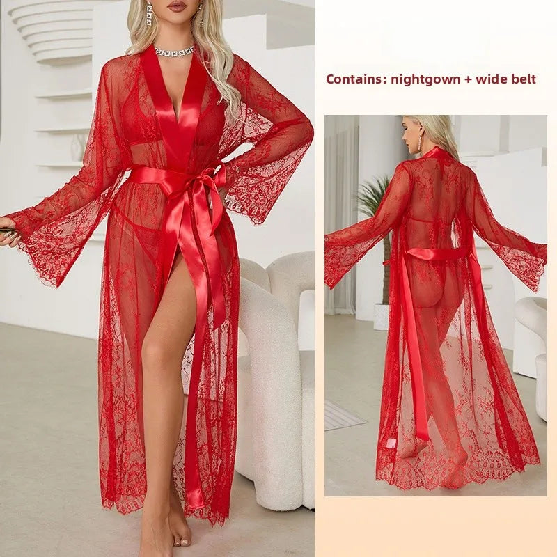 Sexy Lace Trim See Through Robe Women's Outerwear Nightgown Home Clothes V Neck Summer Spring Autumn Casual Breathable Polyester