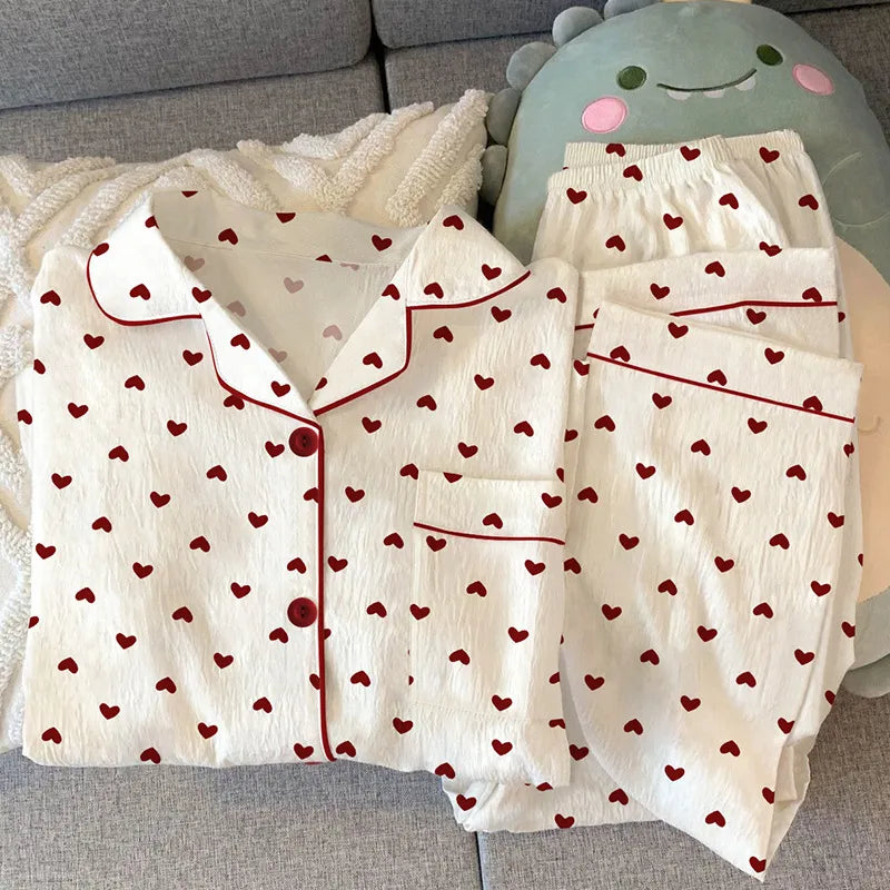 Sweet Girl Heart Print Open Cardigan Sleepwear Long Sleeve Crepe Home Clothes Set Spring New Style Casual Breathable Polyester