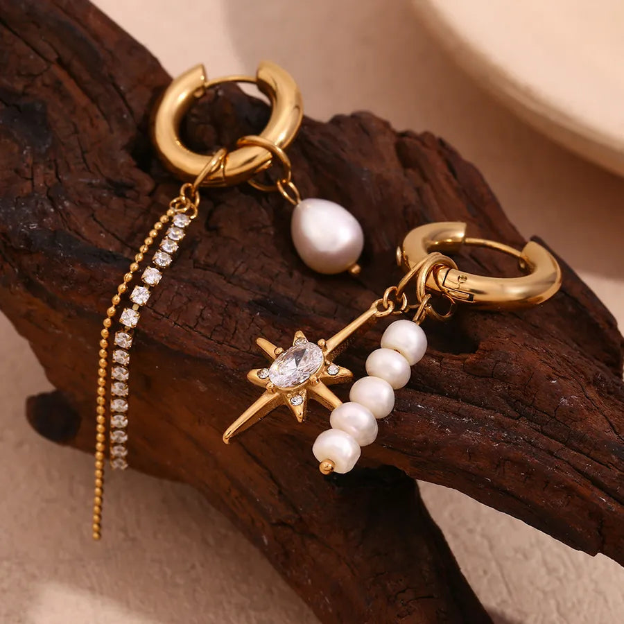 1 Pair 316L Stainless Steel  Freshwater Pearl Star Drop Earrings