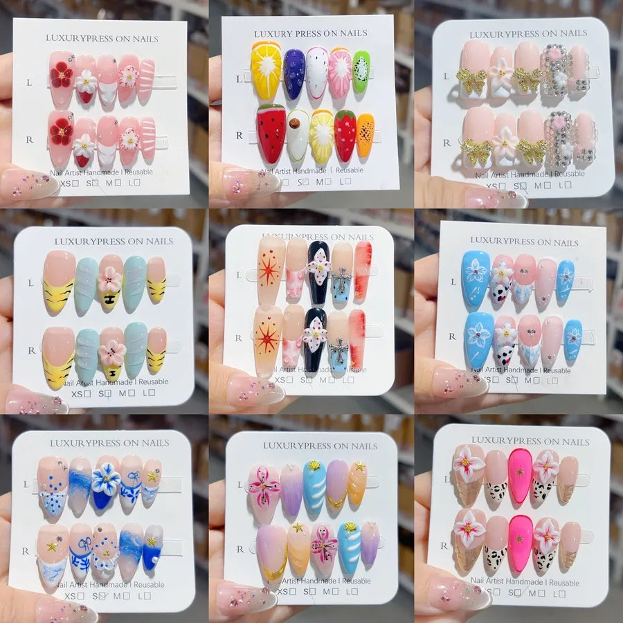 Handmade Detachable Shell Sculpture Cat Eye Almond Nails Ice Transparent Floral Design Wearable False Nails For Women
