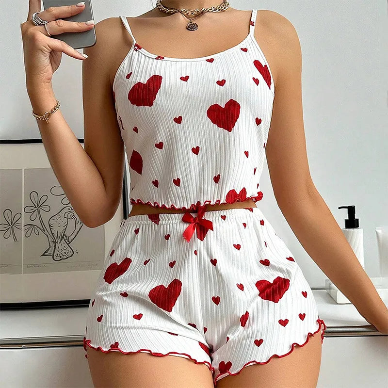 Home Outdoor Women's Casual Elegant Lady Heart Shape Polyester Rib Fabrics Shorts Sets Pajama Sets