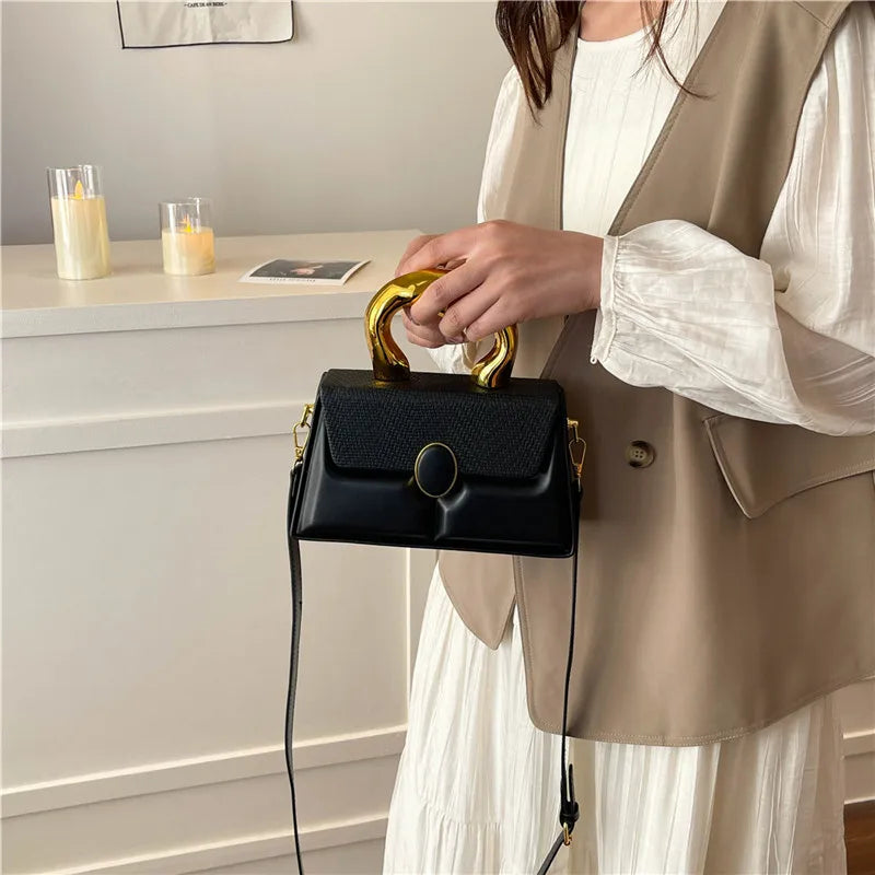 Women's Small Pu Leather Stripe Classic Style Square Magnetic Buckle Handbag Crossbody Bag