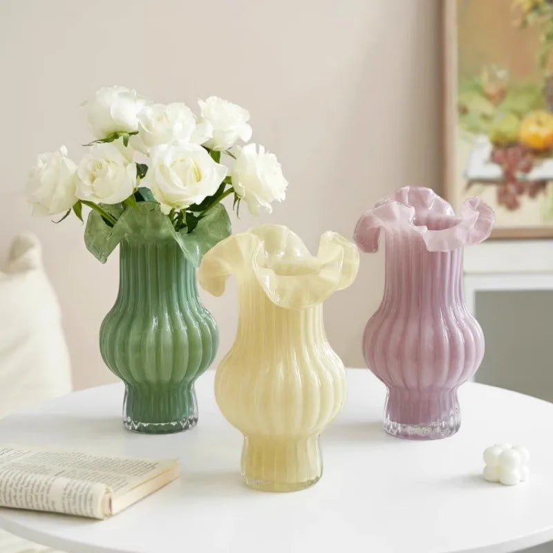 Chinoiserie Elegant Stripe Glass Vase Artificial Decorations