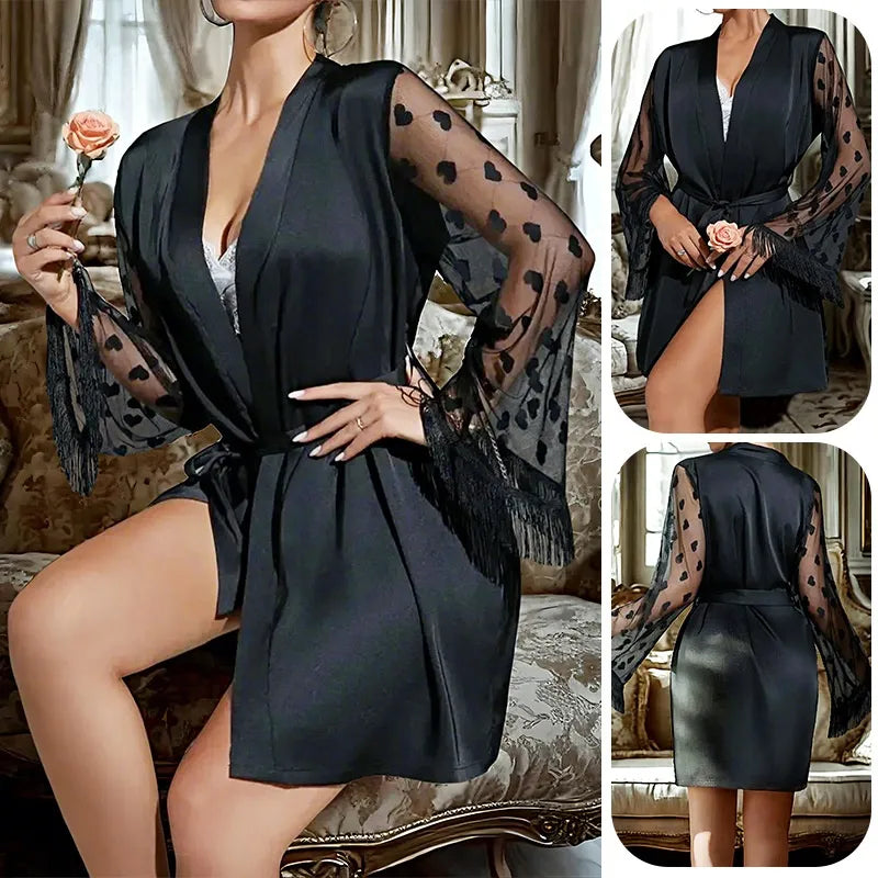 Sexy Pure Desire Heart Satin Sleepwear Morning Robe Women's Home Clothes V-neck Ultra-thin Simulation Silk Bathrobe For All Seasons