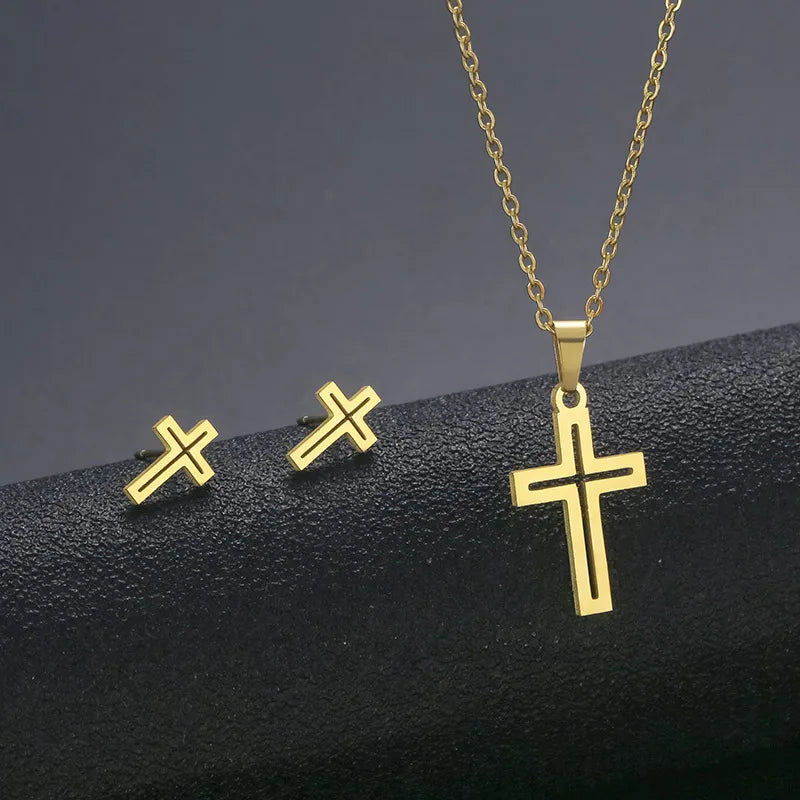 Wholesale Jewelry IG Style Casual Streetwear Moon Hand Of Fatima Butterfly 201 Stainless Steel cable chain Small Stud Earrings Necklace