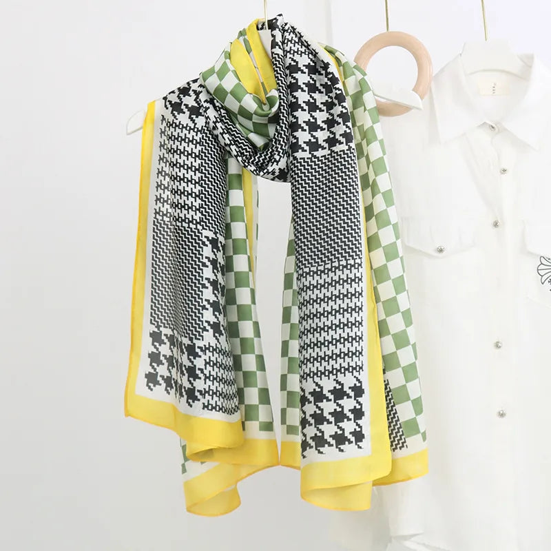 women's fashion letter plaid satin printing silk scarves