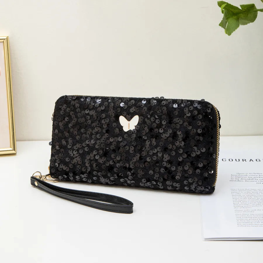 Ladies Glitter Clutch Bag Simple Butterfly Decoration Long Wallet Coin Purse Fashionable Elegant Square Shape Sparkling Bag