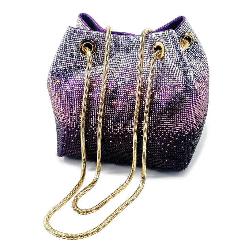 Green Pink Pu Leather Gradient Color Rhinestone Bucket Evening Bags